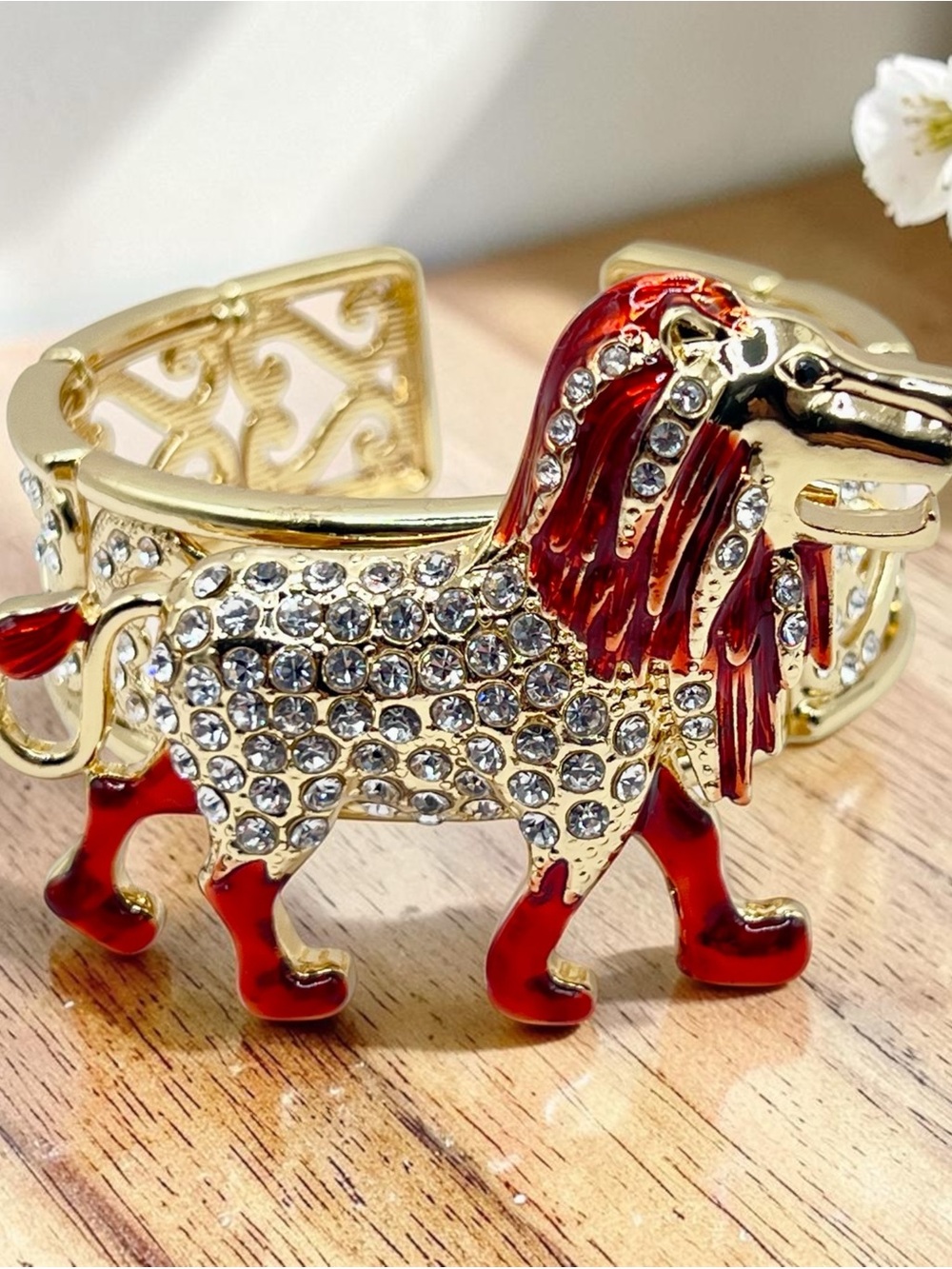 Gold Lion Crystal Cuff Bracelet with Red Enamel Accents